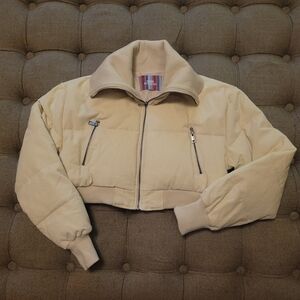 Urban Outfitters NWT Creme Corduroy Cropped Puffy Bomber Jacket - Size Medium